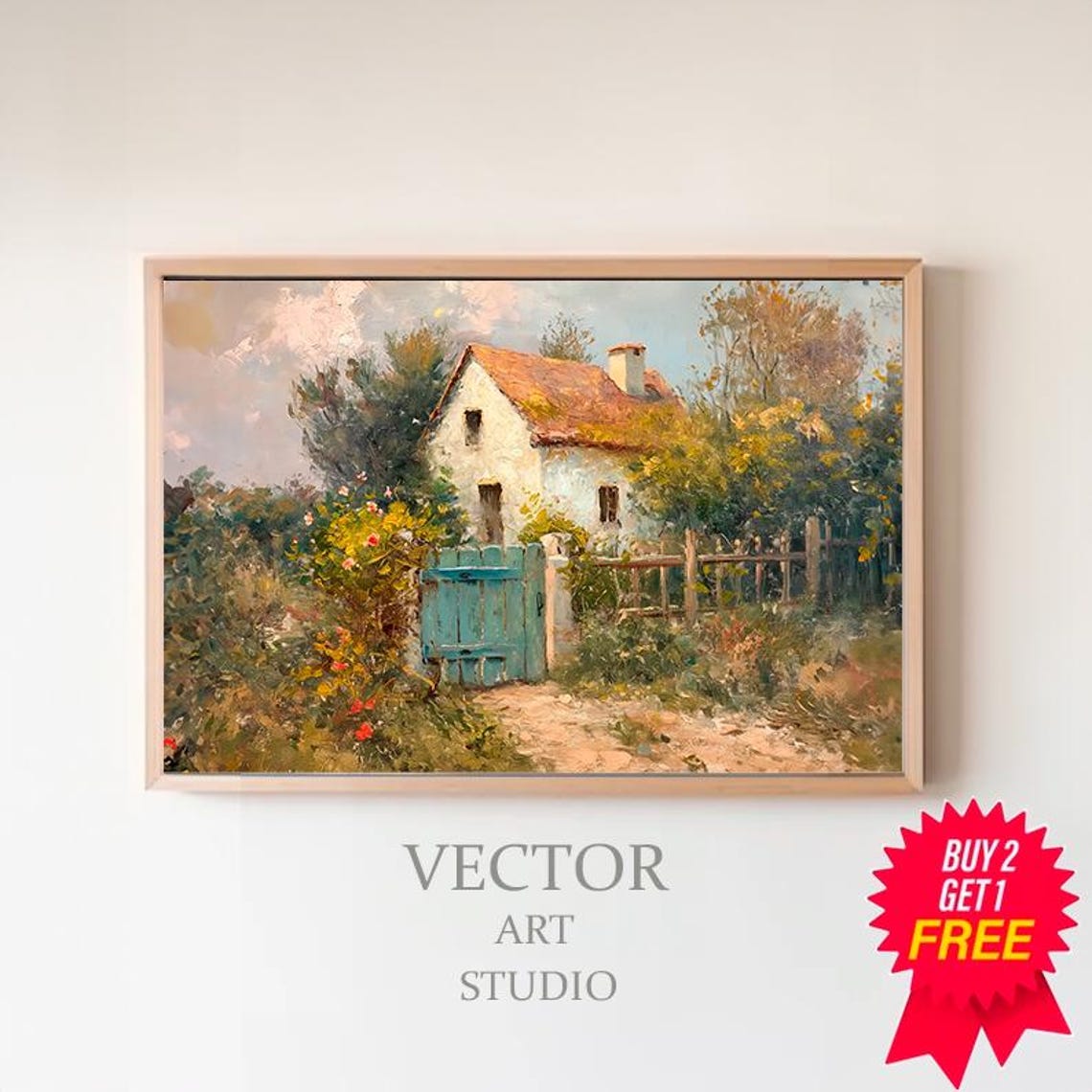 Charming Cottage with Blue Gate and Terracotta Roof Rustic Poster