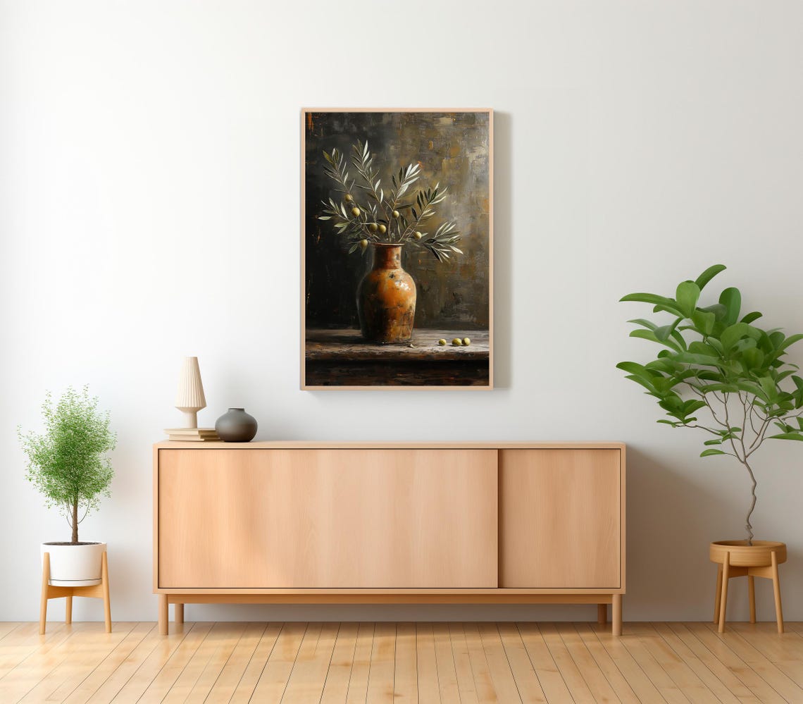 Olive Branches in Terracotta Vase Dark Moody Botanical Art Print - Image 2