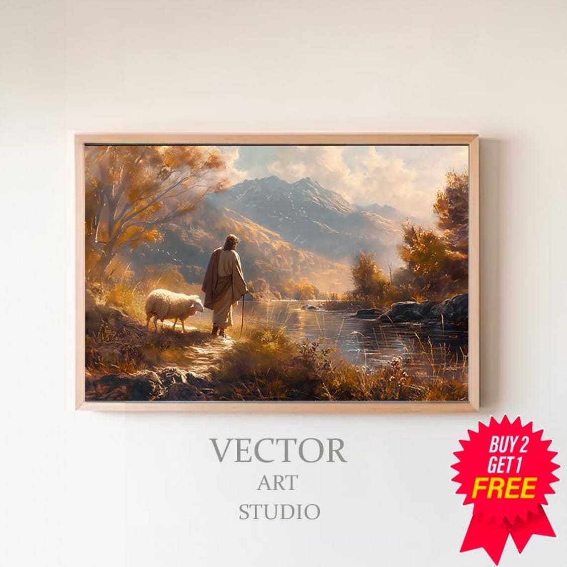 Jesus with a Sheep Beside a Golden Autumn Mountain River Poster