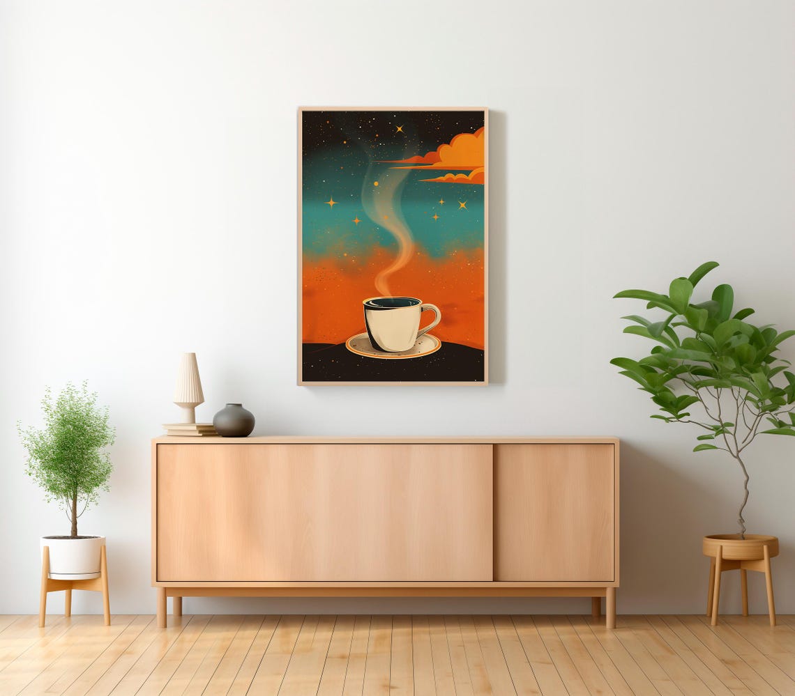 White Coffee Cup On Saucer In A Cosmic Orange Sky Art Poster - Image 2