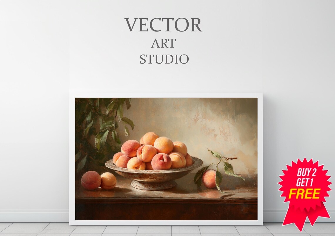 Moody Vintage Fruit Still Life Peaches Oil Painting Collection Tranquil Stillness By Artedya Wall Art - Image 3