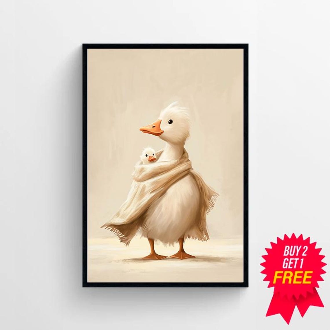 Mother Duck Wrapped in Cream Blanket with Baby Sweet Nursery Poster - Image 4