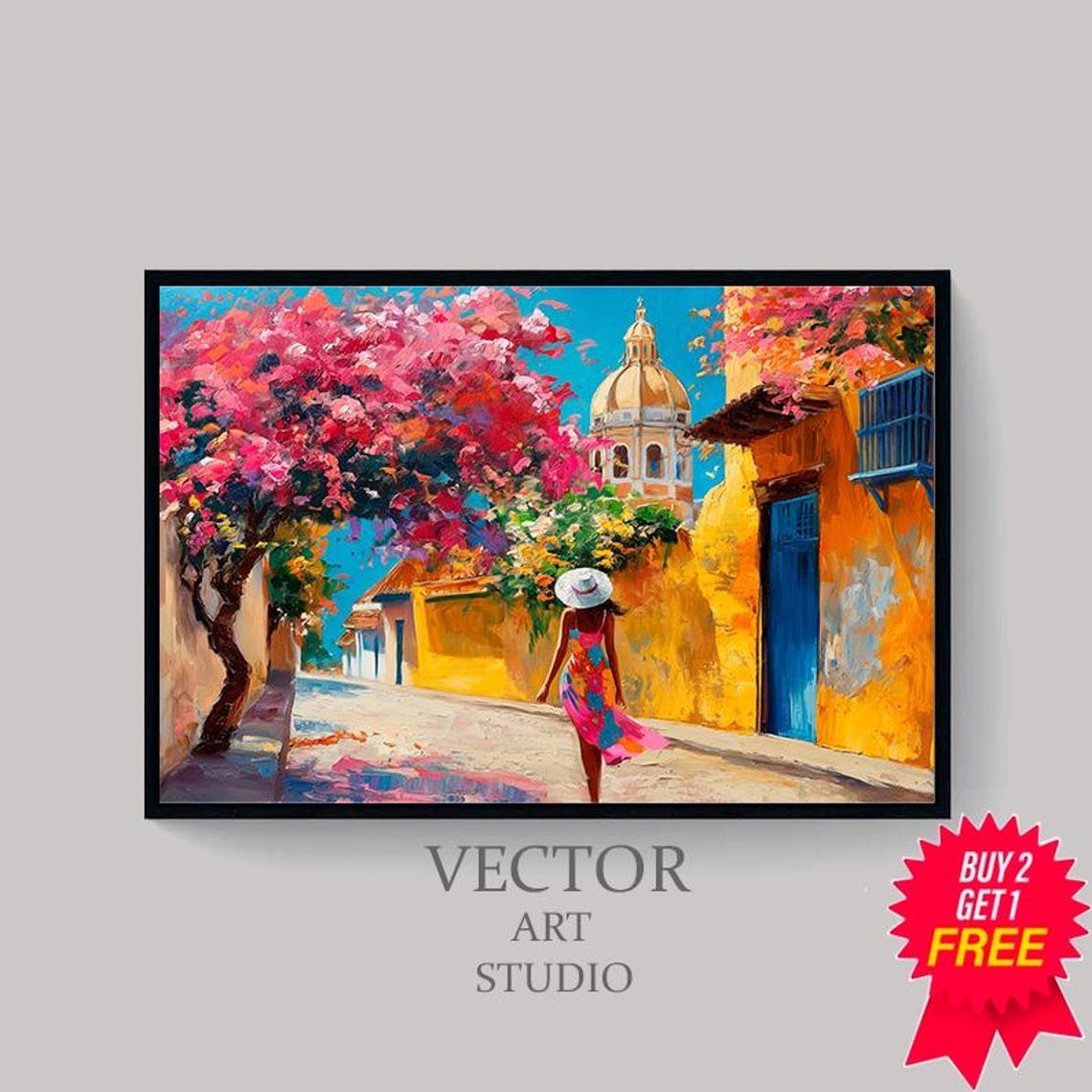 Colorful Mexican Street Scene with Bougainvillea and Church Poster - Image 4
