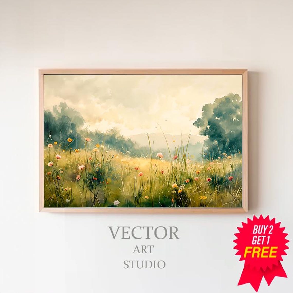 Golden Wildflower Meadow Watercolor With Distant Trees Poster