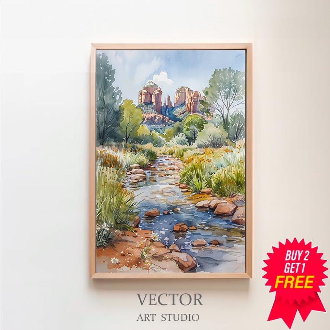 Sedona Red Rock Canyon Creek Green Cottonwoods Watercolor Poster