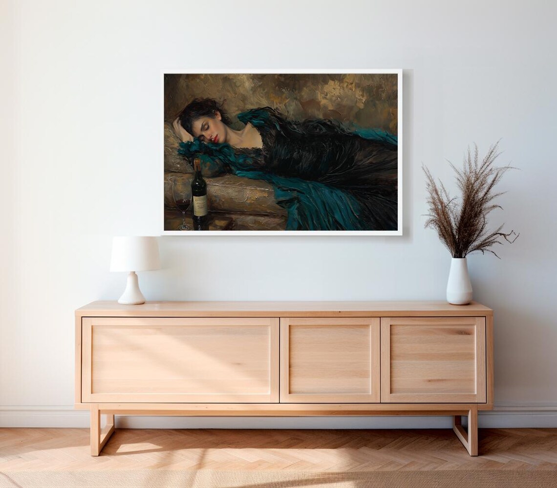 Victorian Woman Lying Down With Wine In A Teal Gown Vintage Oil Painting Poster - Image 2
