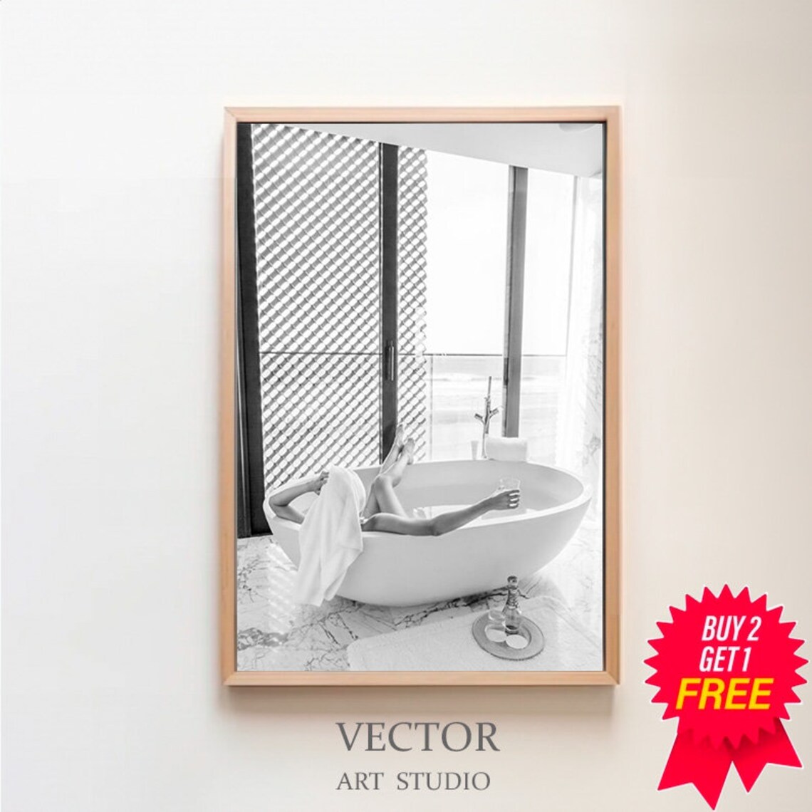 Woman Relaxing In Marble Bathtub With Wine Glass Black And White Poster
