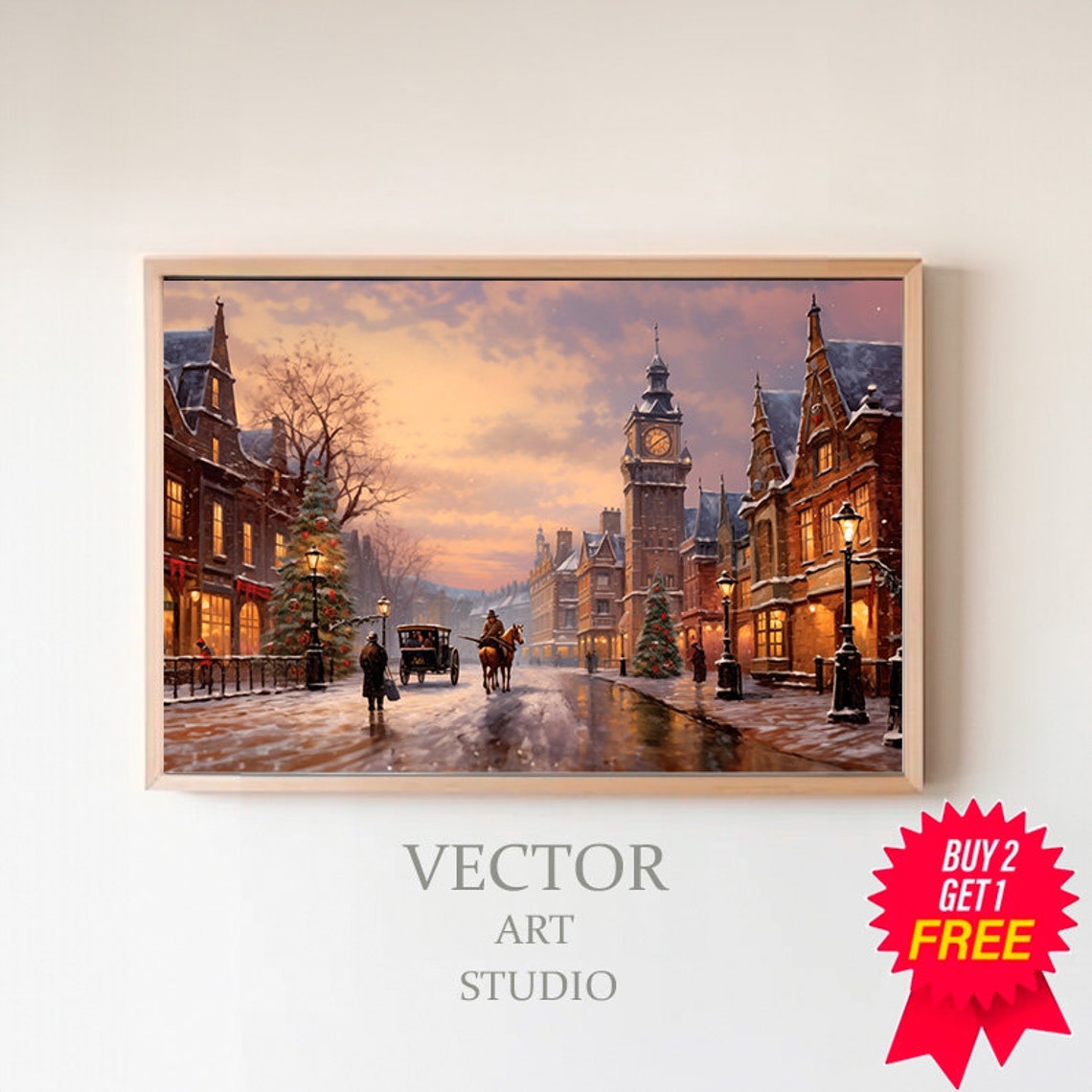 Victorian Christmas Street in Snow at Sunset Clock Tower Poster