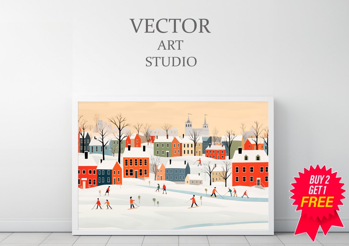 Modern Snowy Town Cross Country Skiers Flat Illustration Winter Poster - Image 3