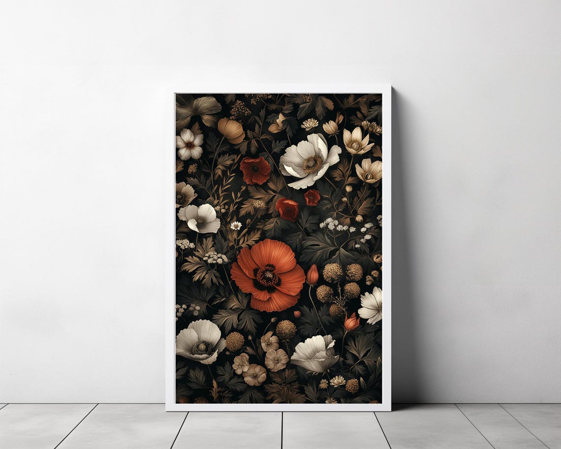 Moody Dark Botanical Garden with Red Orange Poppy Centerpiece Poster - Image 3