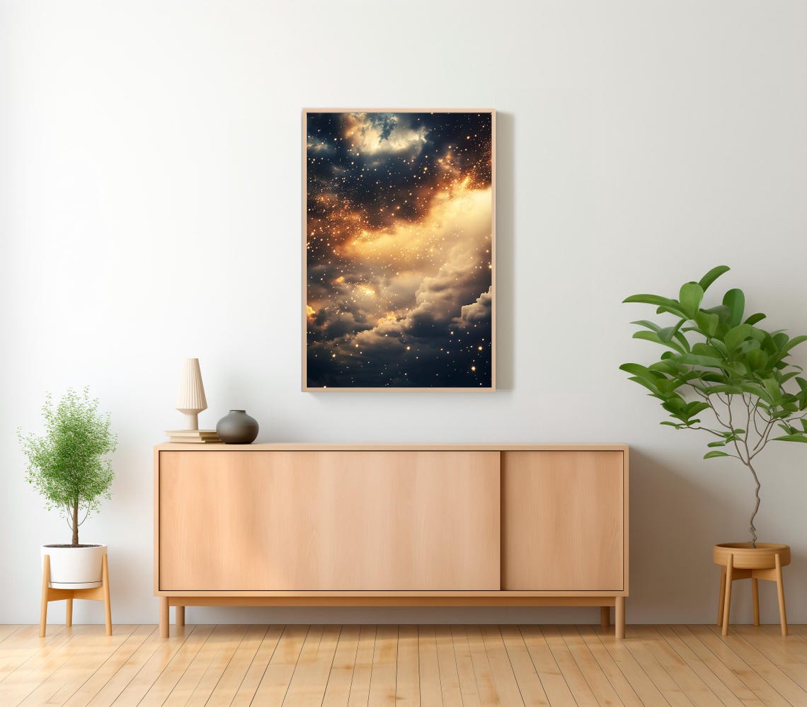 Moody Celestrial Print Dark Academia Decor Starry Night Night Sky Abstract Night Sky Star Print Gothic Print Gold Maximum Oil Painting - Image 2