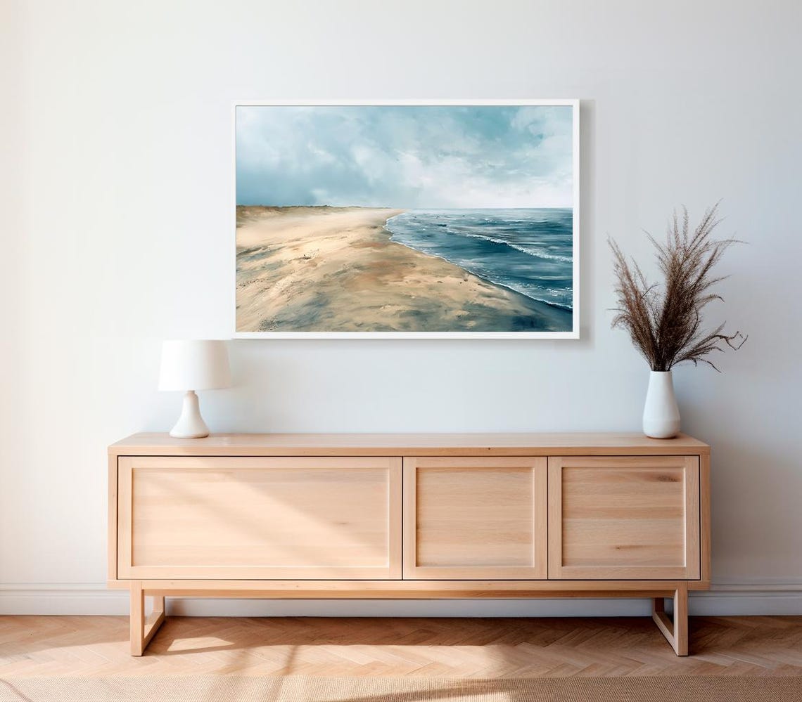 Blue Grey Sky Over a Wide Sandy Beach Shoreline Seascape Art Poster - Image 2