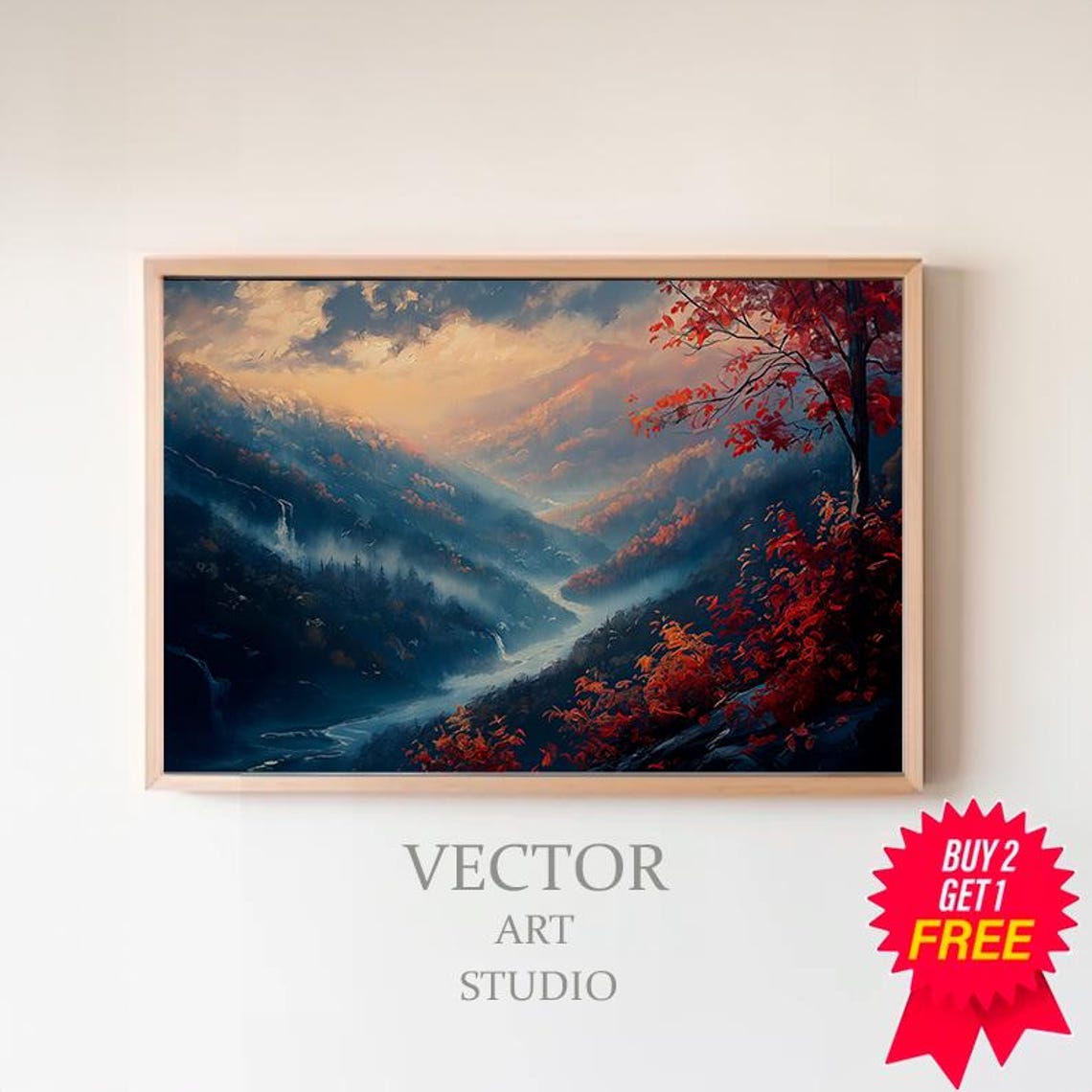 Misty Mountain Valley Red Autumn Foliage Scenic Landscape Poster
