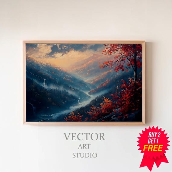 Vintage Rustic Fall Autumn Moody Countryside Painting Farmhouse Decor Print Autumn Landscape Lodge Decor Landscape Print