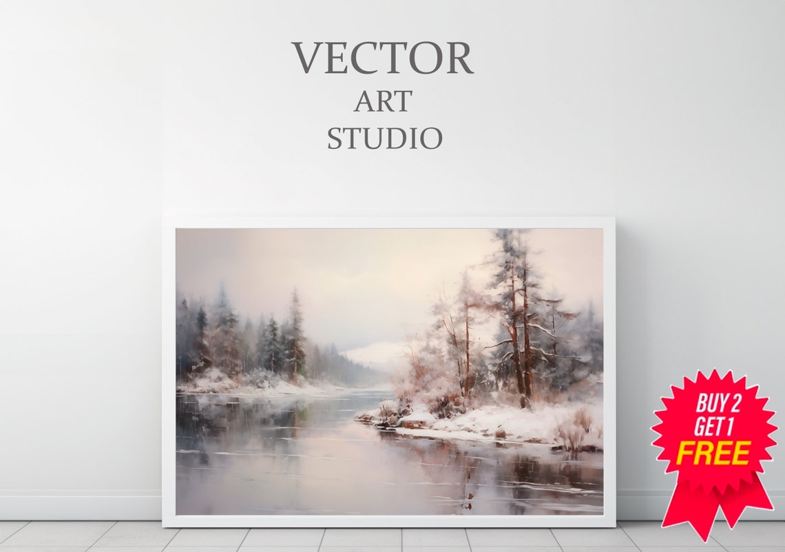 Snowy Winter Forest Lake Landscape in Soft Gray Tones Poster - Image 3