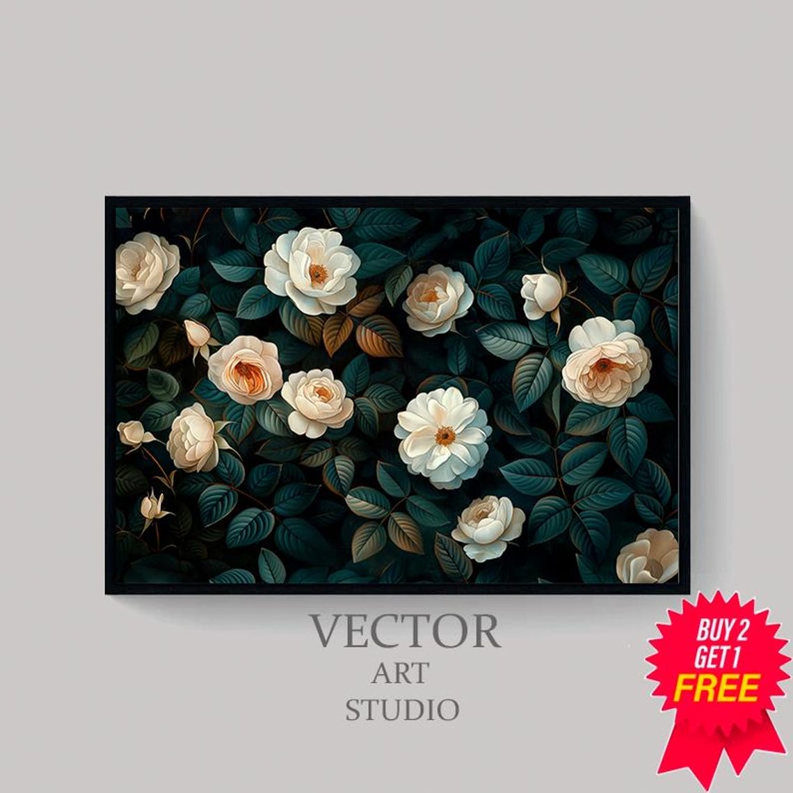 White Roses Dark Green Repeat Pattern Botanical Garden Poster - Image 4
