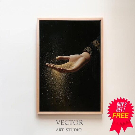 Hand Releasing Golden Stardust Against a Midnight Black Canvas Art Poster