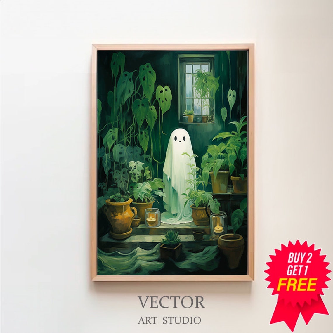Ghost Standing Among Potted Plants With Lit Candles Halloween Poster