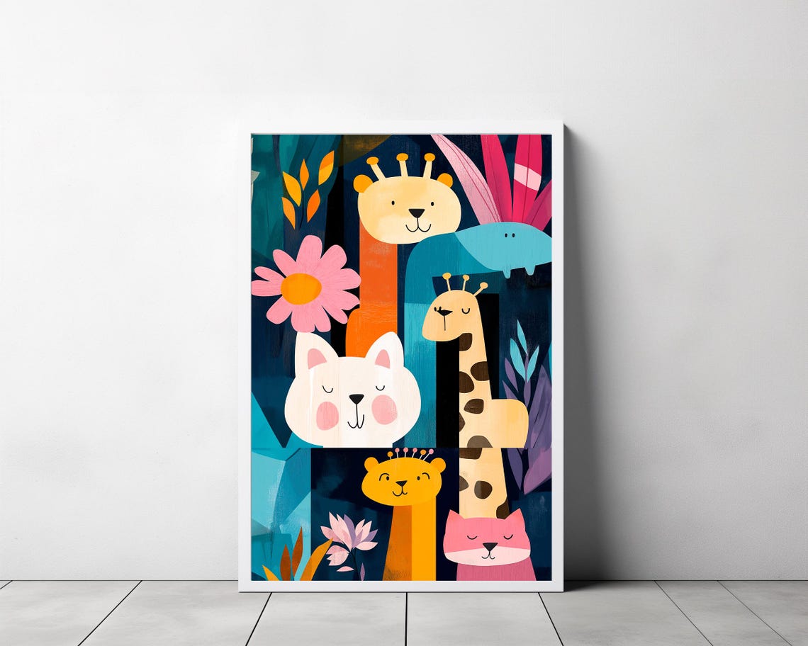 Colorful Safari Animal Faces Lion Giraffe Kids Nursery Poster - Image 3