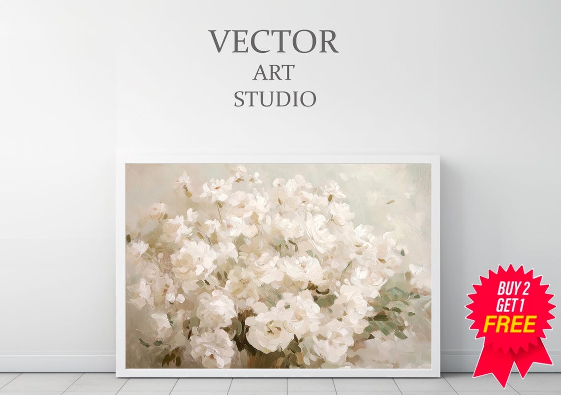 White Floral Oil Painting Soft Neutral Botanical Decor Art Print - Image 3