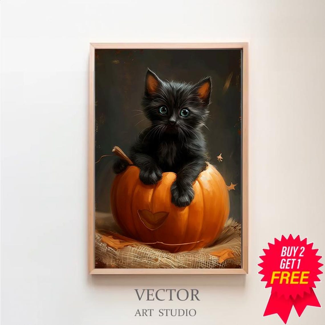 Black Kitten Sitting in Pumpkin with Heart Cutout Halloween Poster