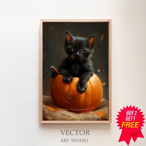 Black Kitten Sitting in Pumpkin with Heart Cutout Halloween Poster