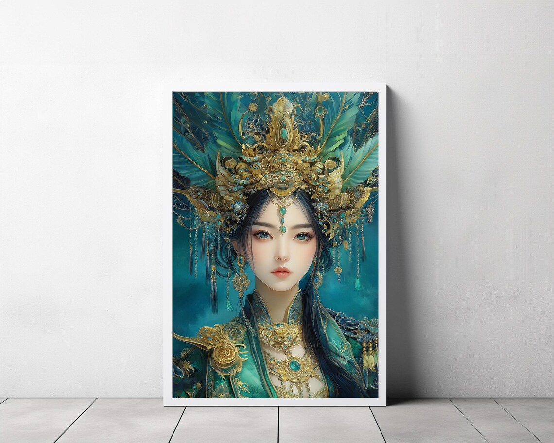 Green Tara Goddess With Peacock Feather Gold Crown Teal Portrait Poster - Image 3
