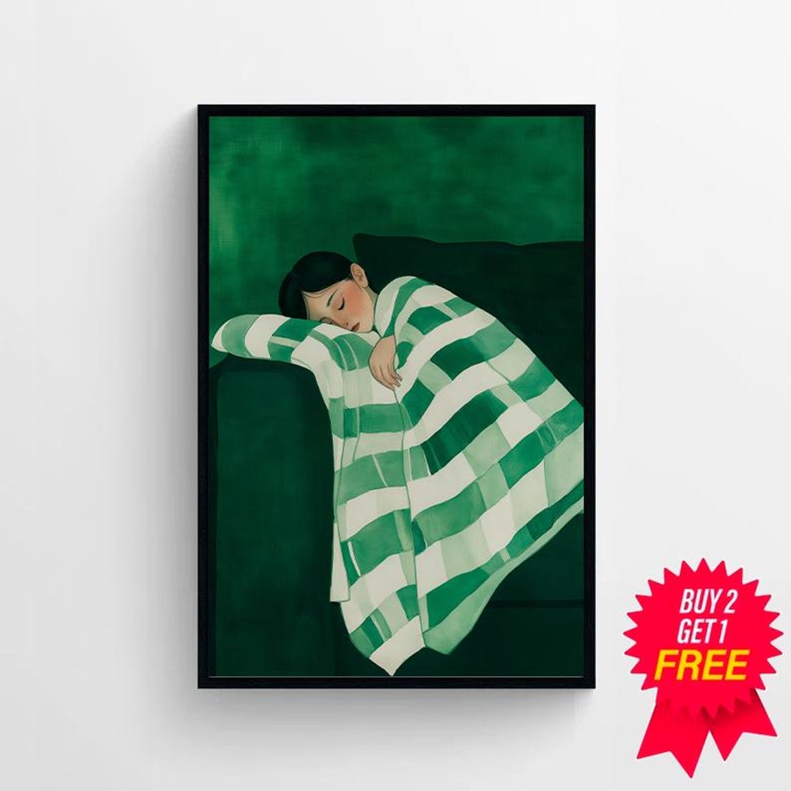 Sleeping Woman Emerald Green Stripe Blanket Couch Art Poster - Image 4
