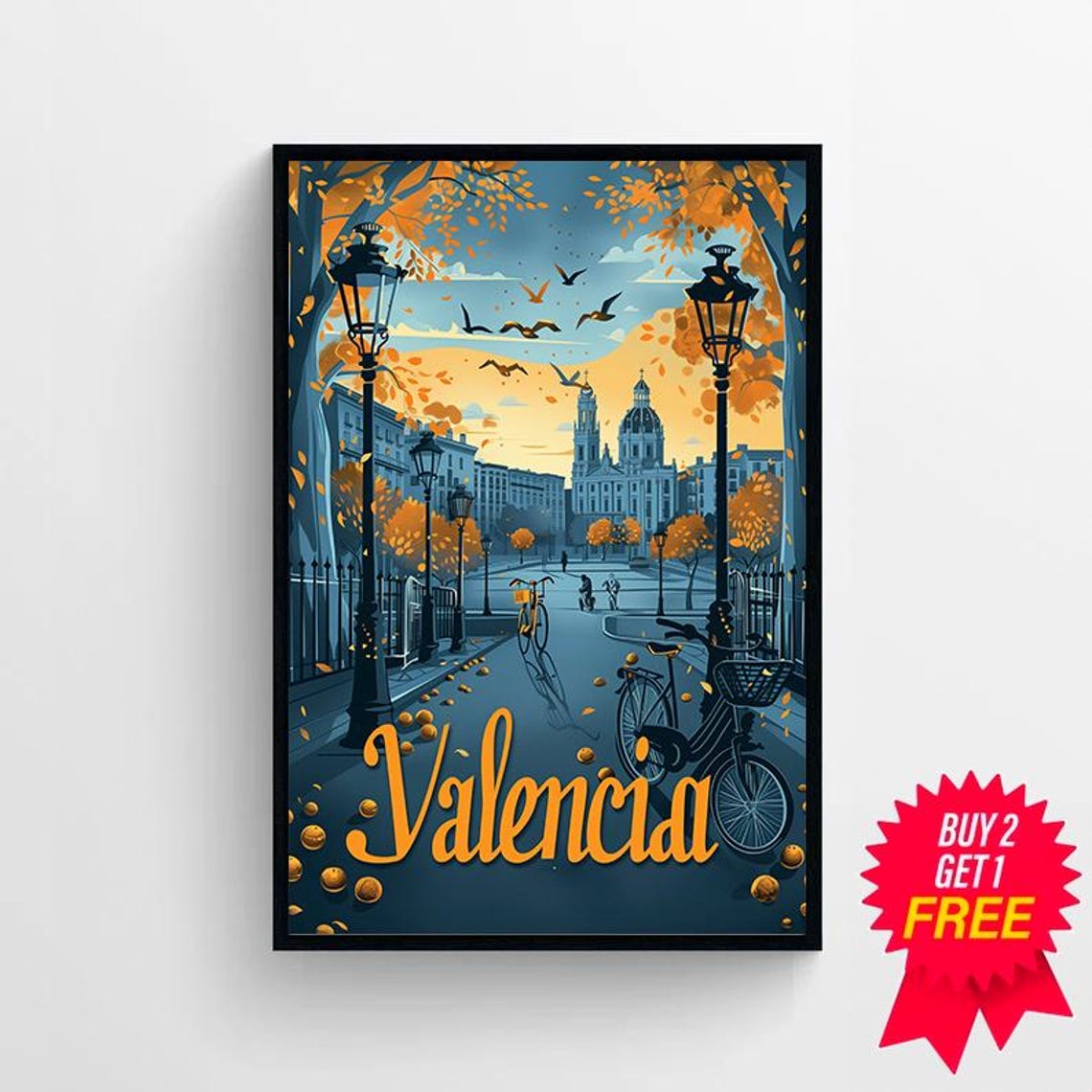 Valencia Spain Vintage Travel Poster With Bicycles At Sunset - Image 4