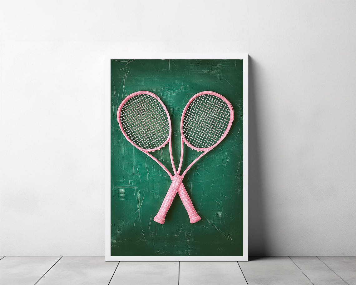 Crossed Pink Tennis Rackets on Moody Green Chalkboard Style Poster - Image 3