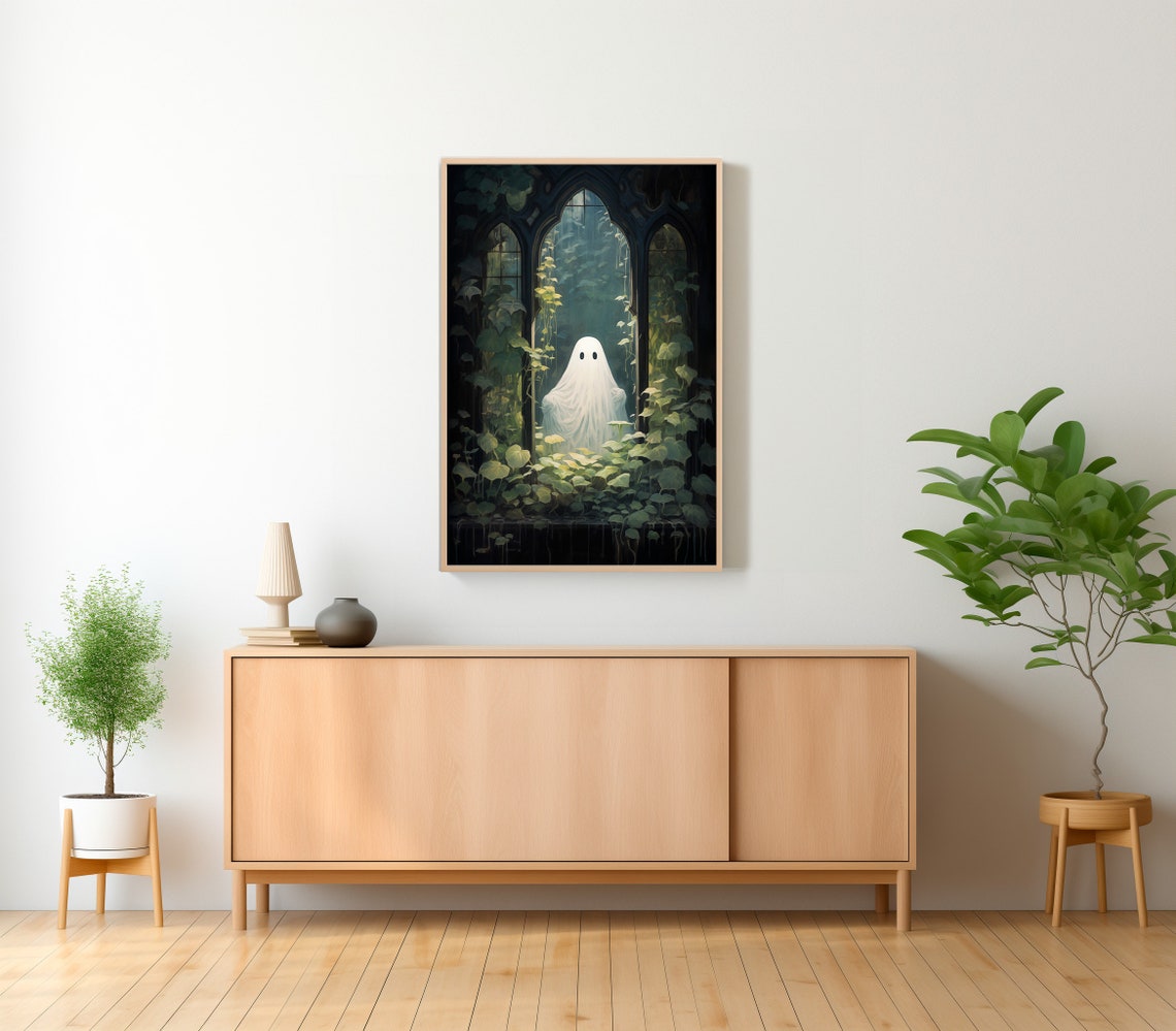 Ghost Peeking Through a Gothic Arched Ivy-Covered Window Poster - Image 2