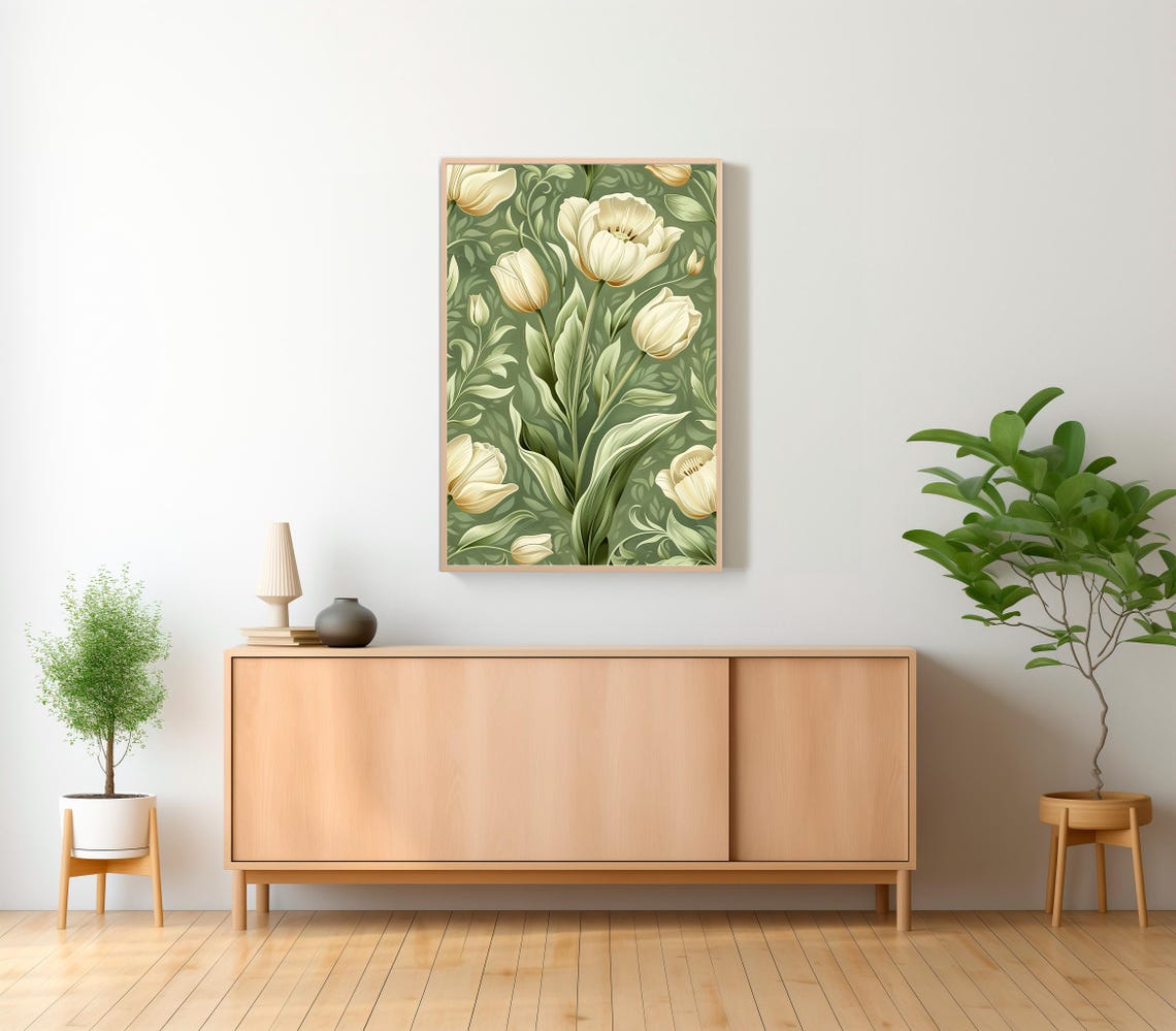 Cream Tulips Art Nouveau Floral Pattern on Sage Green Wall Poster - Image 2
