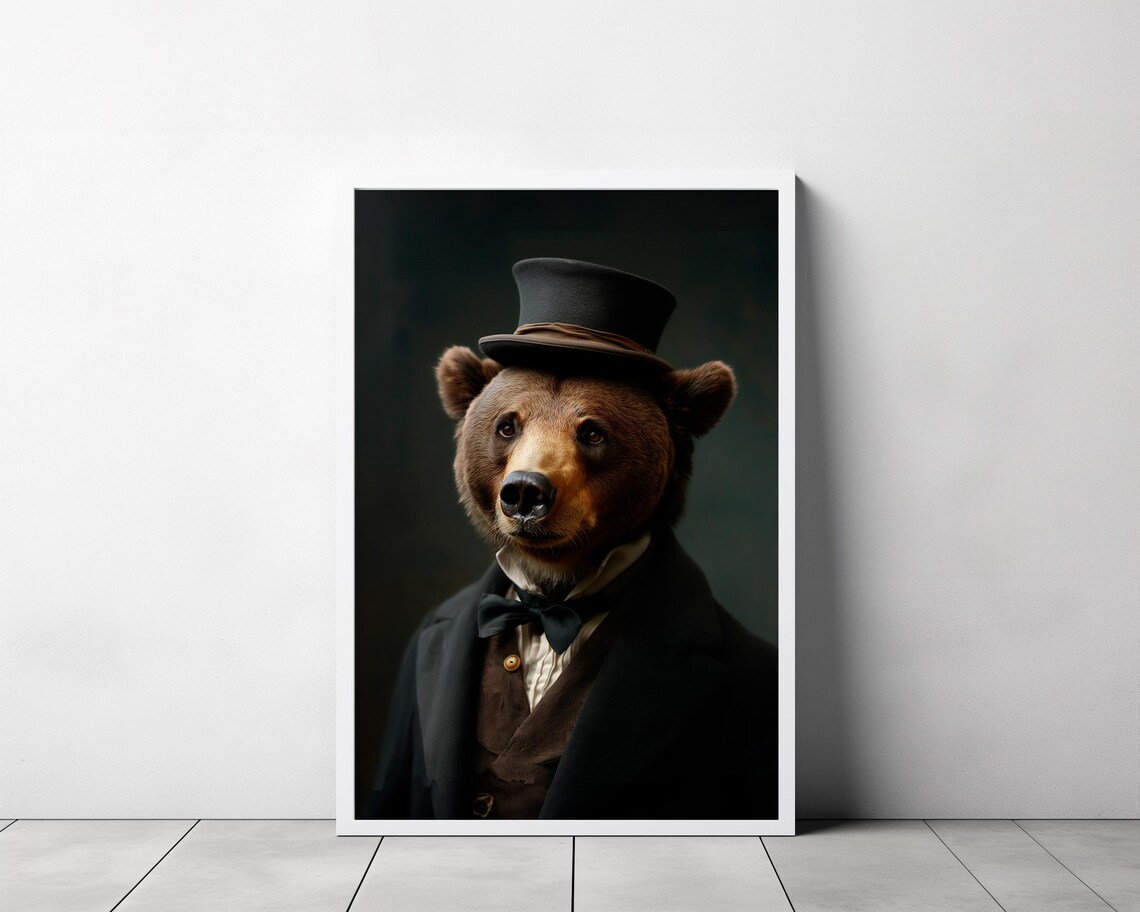 Dapper Brown Bear Portrait in Top Hat and Tuxedo Whimsical Animal Poster - Image 3