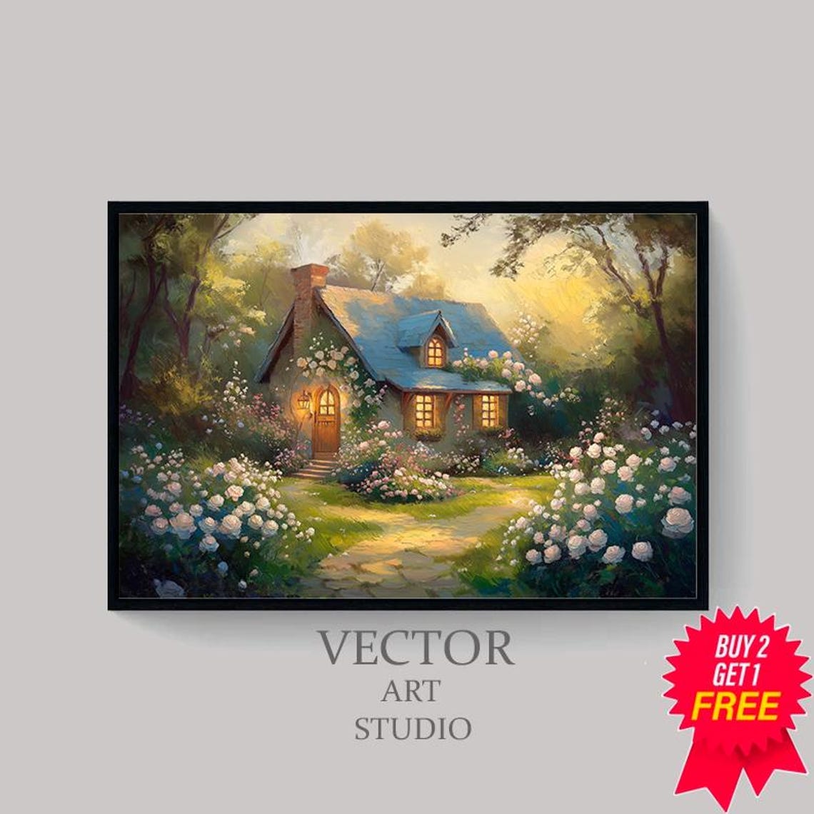 Glowing Cottage White Roses Golden Dusk Vintage Painting Poster - Image 4