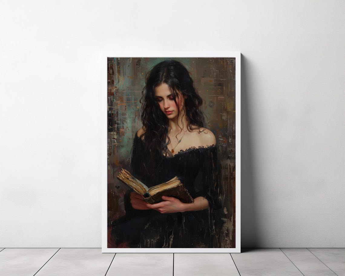 Dark Academia Woman Reading Book Vintage Oil Portrait Art Print - Image 3