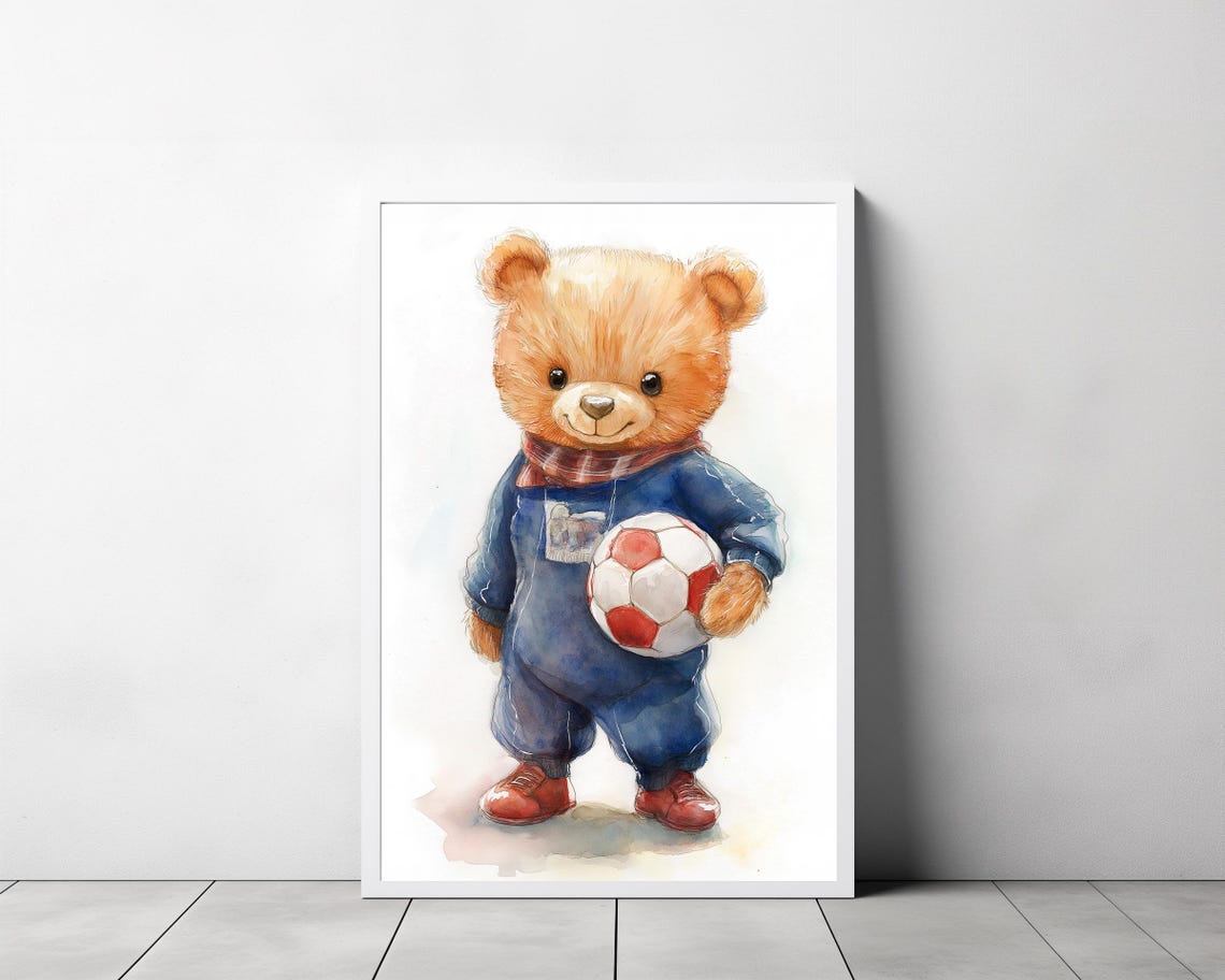 Teddy Bear in Blue Overalls Holding a Red Soccer Ball Poster - Image 3