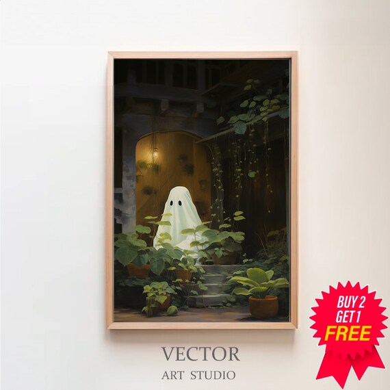 Ghost Sitting in Stone Archway Plant Garden Halloween Poster