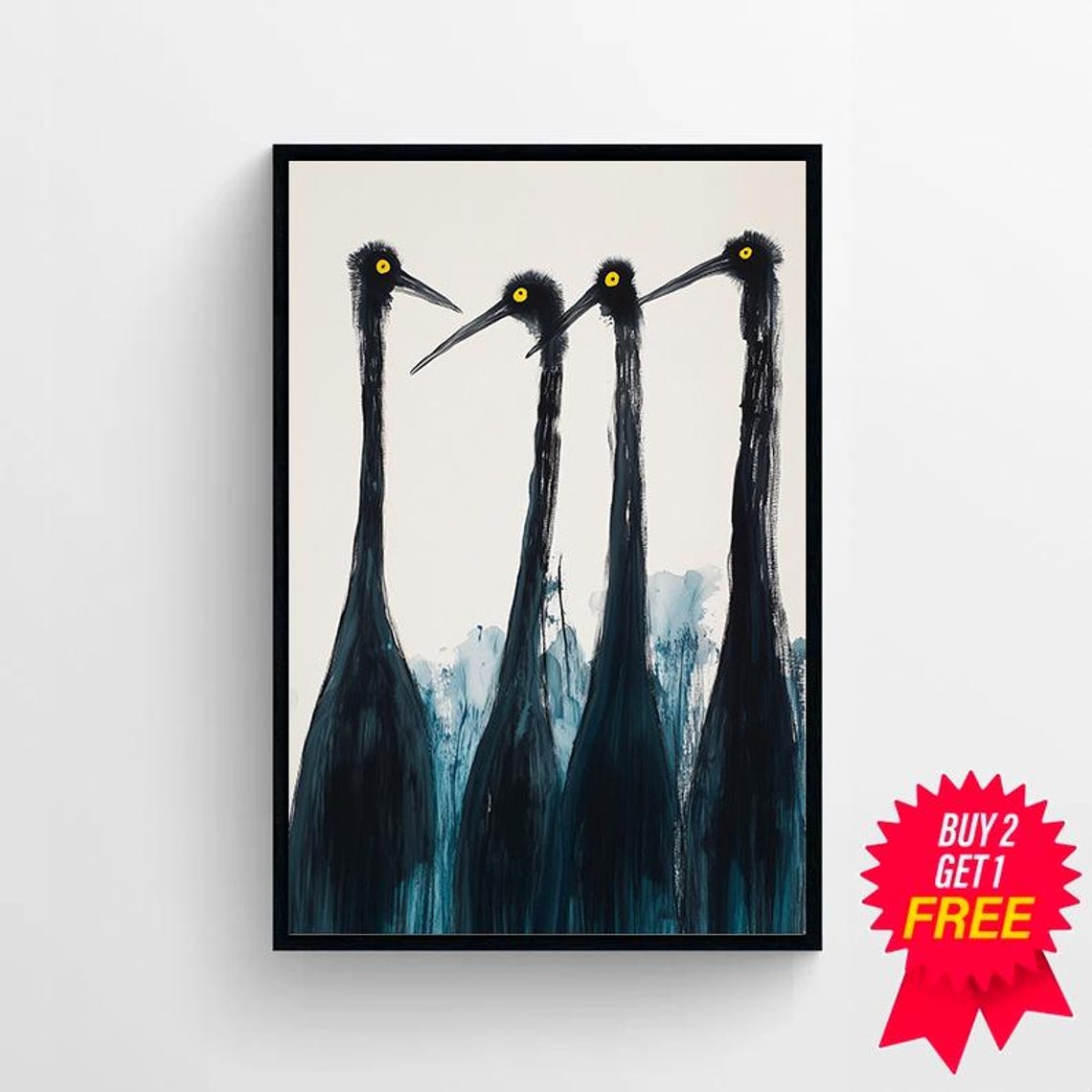 Four Black Cranes Minimalist Japanese Style Watercolor Art Poster - Image 4