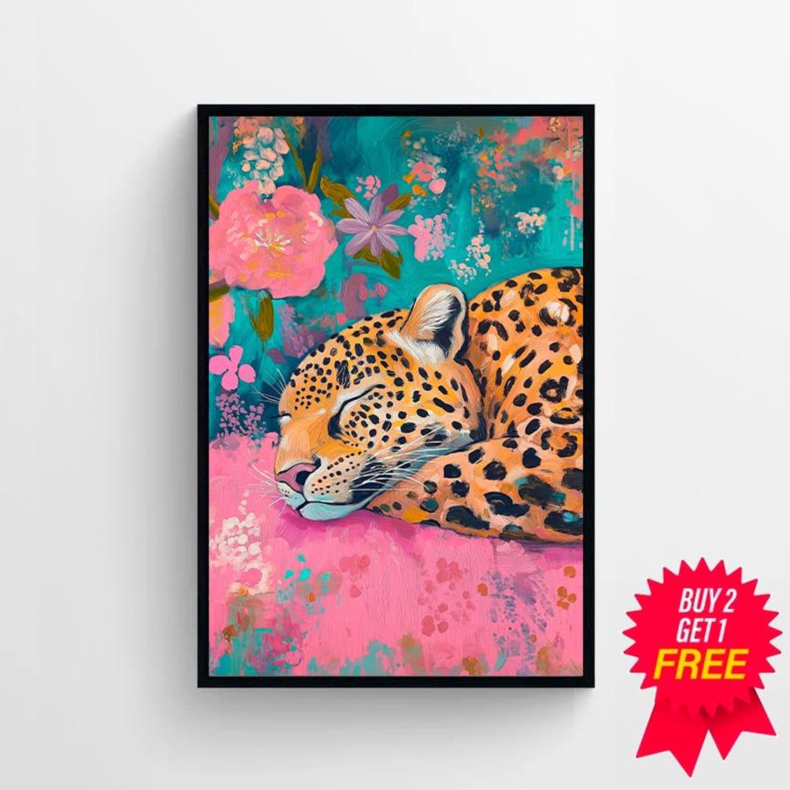 Sleeping Leopard Among Peonies Vivid Teal and Pink Floral Poster - Image 4