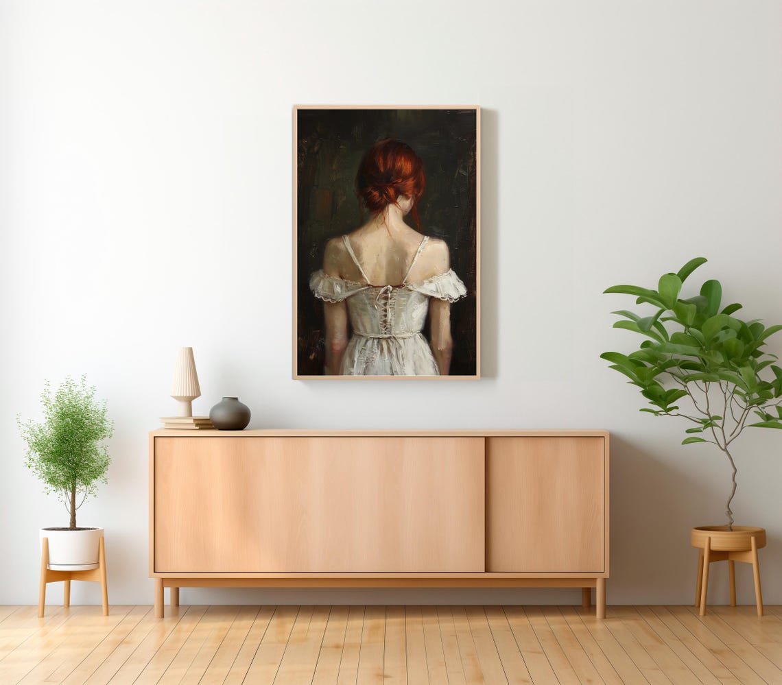 Back View of a Redhead Woman in White Lace Oil Painting Poster - Image 2