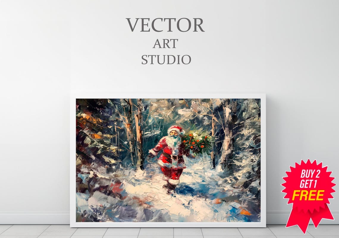 Santa Claus With Christmas Tree Walking In Snowy Forest Art Poster - Image 3