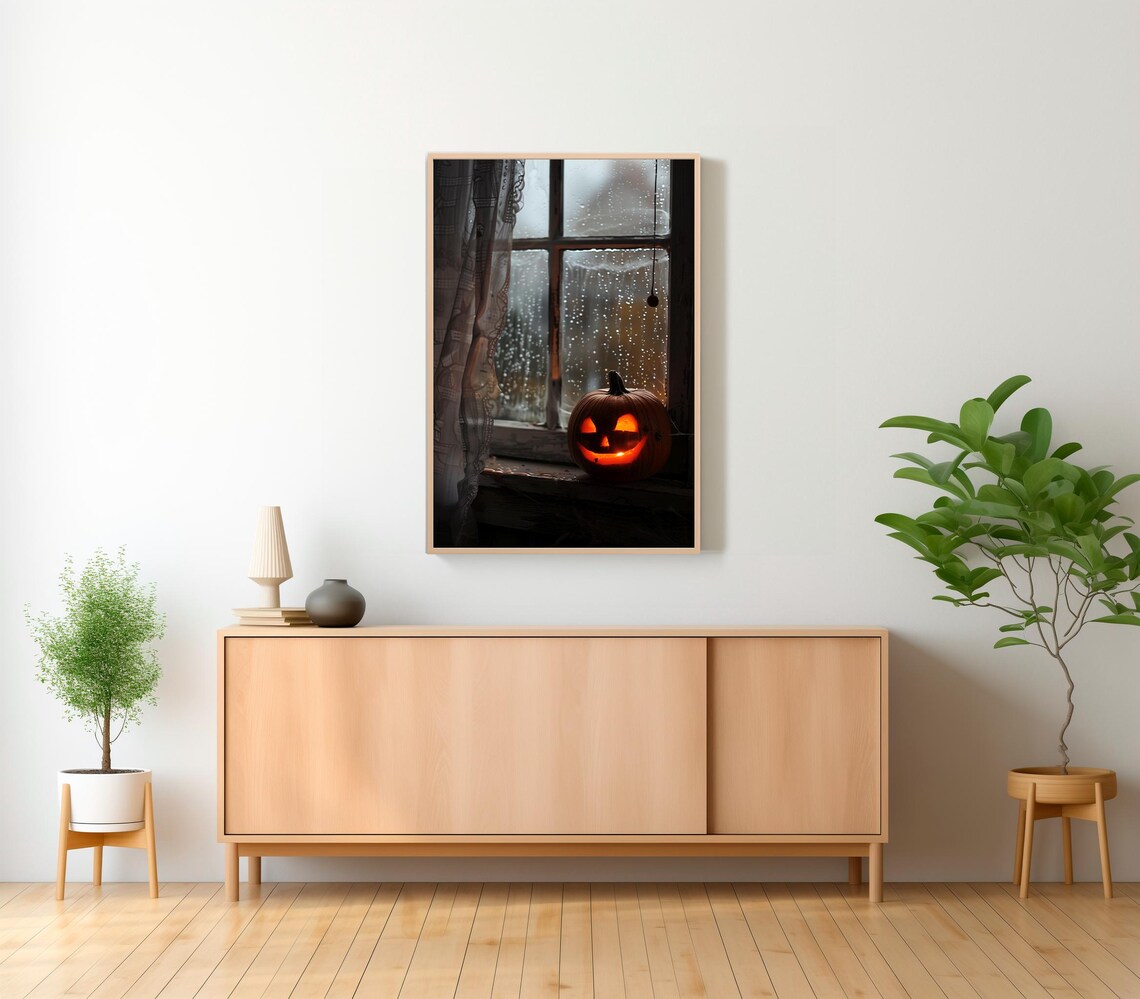 Glowing Jack O Lantern on Rainy Windowsill Moody Halloween Night Art Poster - Image 2