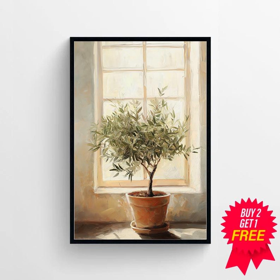 Large Olive Tree In Terracotta Pot By A Sunlit Window Poster - Image 4