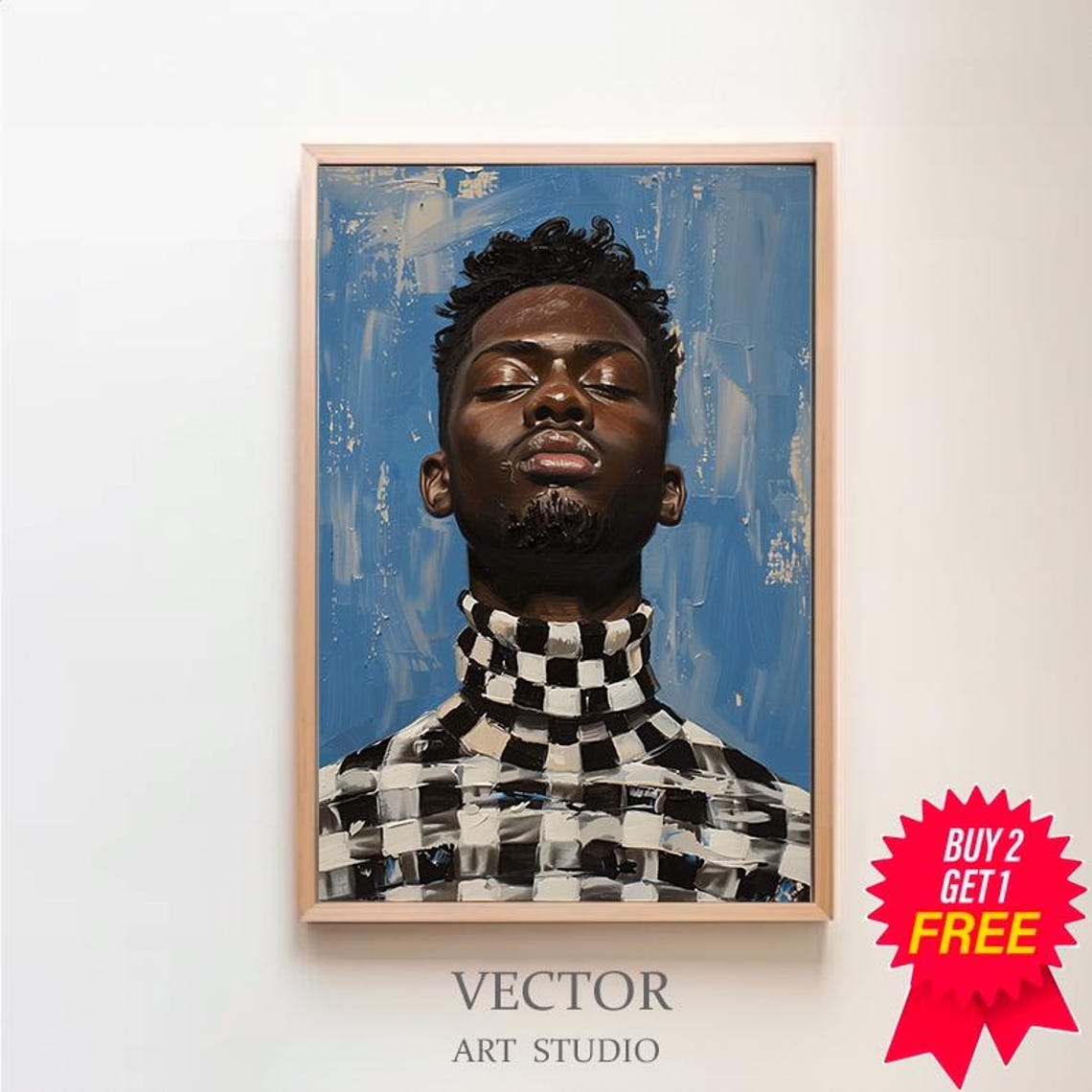 Portrait of a Man in a Checkered Turtleneck on Blue Backdrop Poster