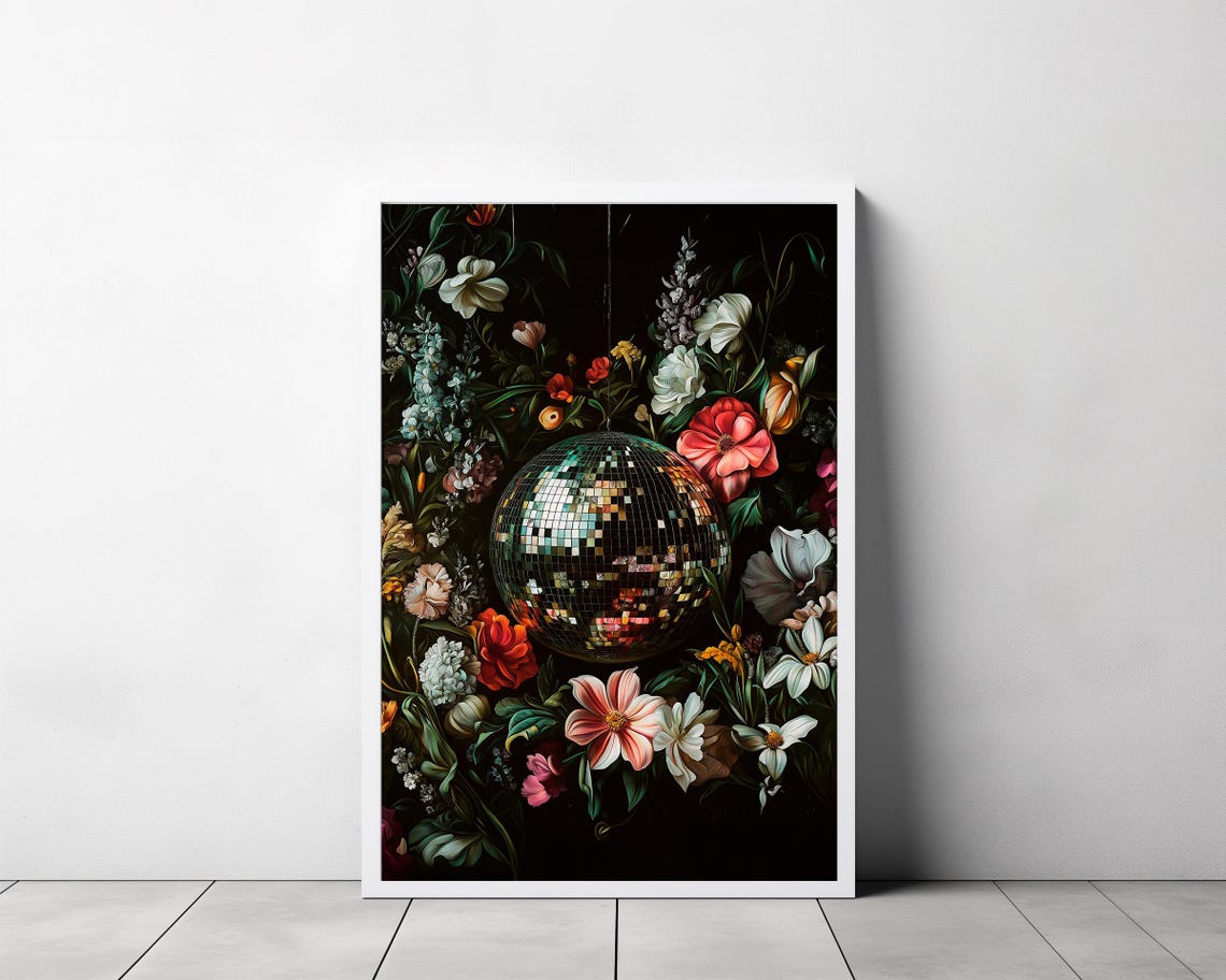 Vivid Wall Art Disco Ball Maximalist Painting Bold Eclectic Botanical Print Green Trendy Kitsch Poster Colorful Dopamine Decor - Image 3