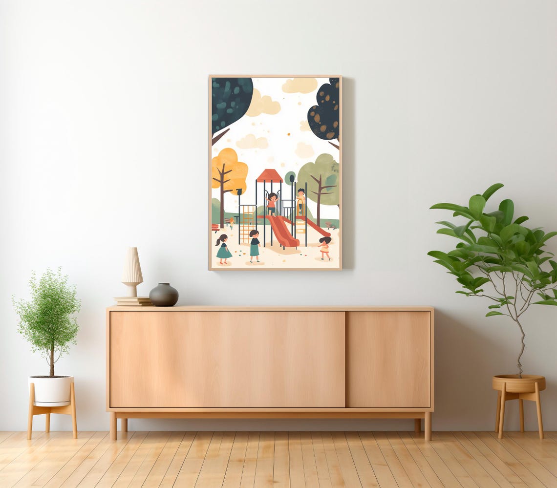 Children Playing on a Red Slide Playground Autumn Scene Poster - Image 2