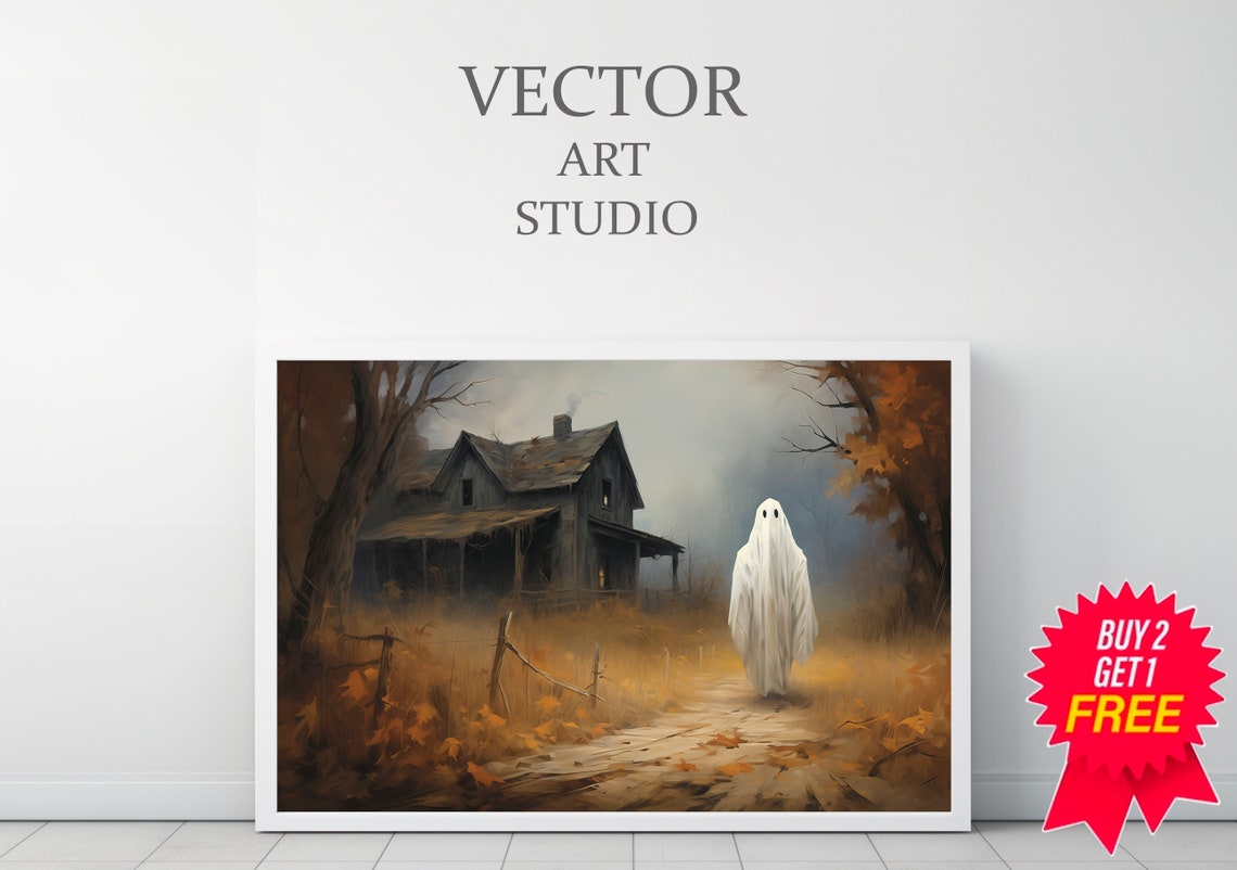 Ghost on Dirt Path to Old Farmhouse Foggy Autumn Halloween Poster - Image 3