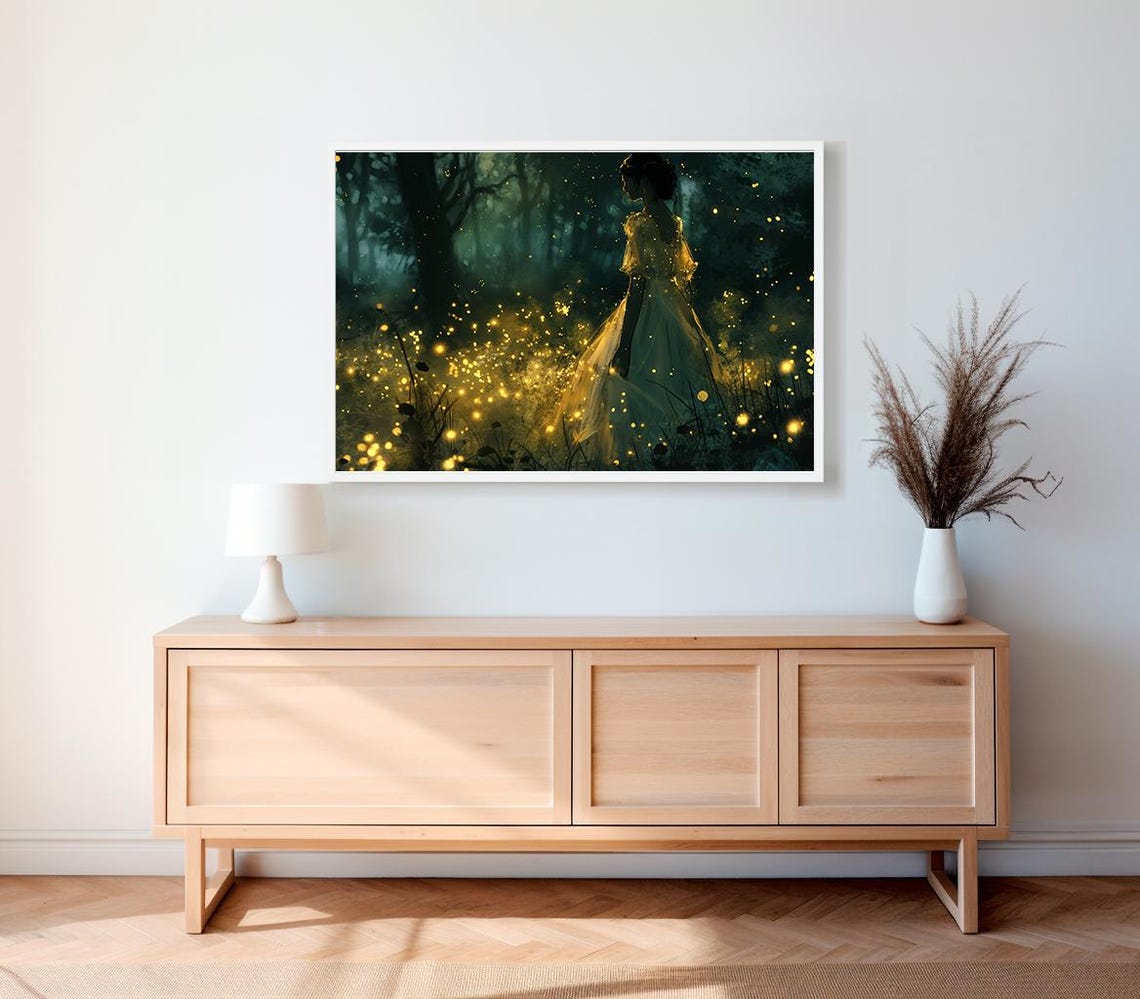Woman in Golden Dress Standing in Firefly Forest Night Poster - Image 2