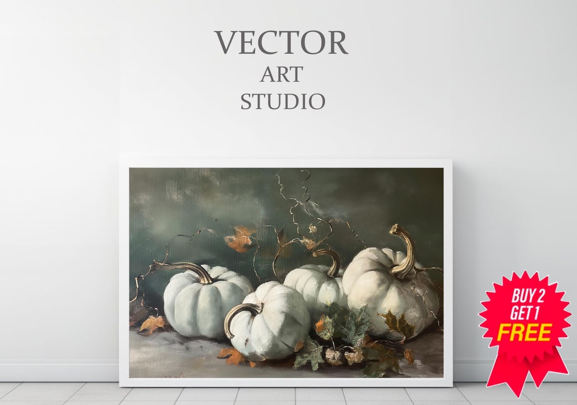 White Pumpkin Cluster With Vines Dark Moody Still Life Poster - Image 3