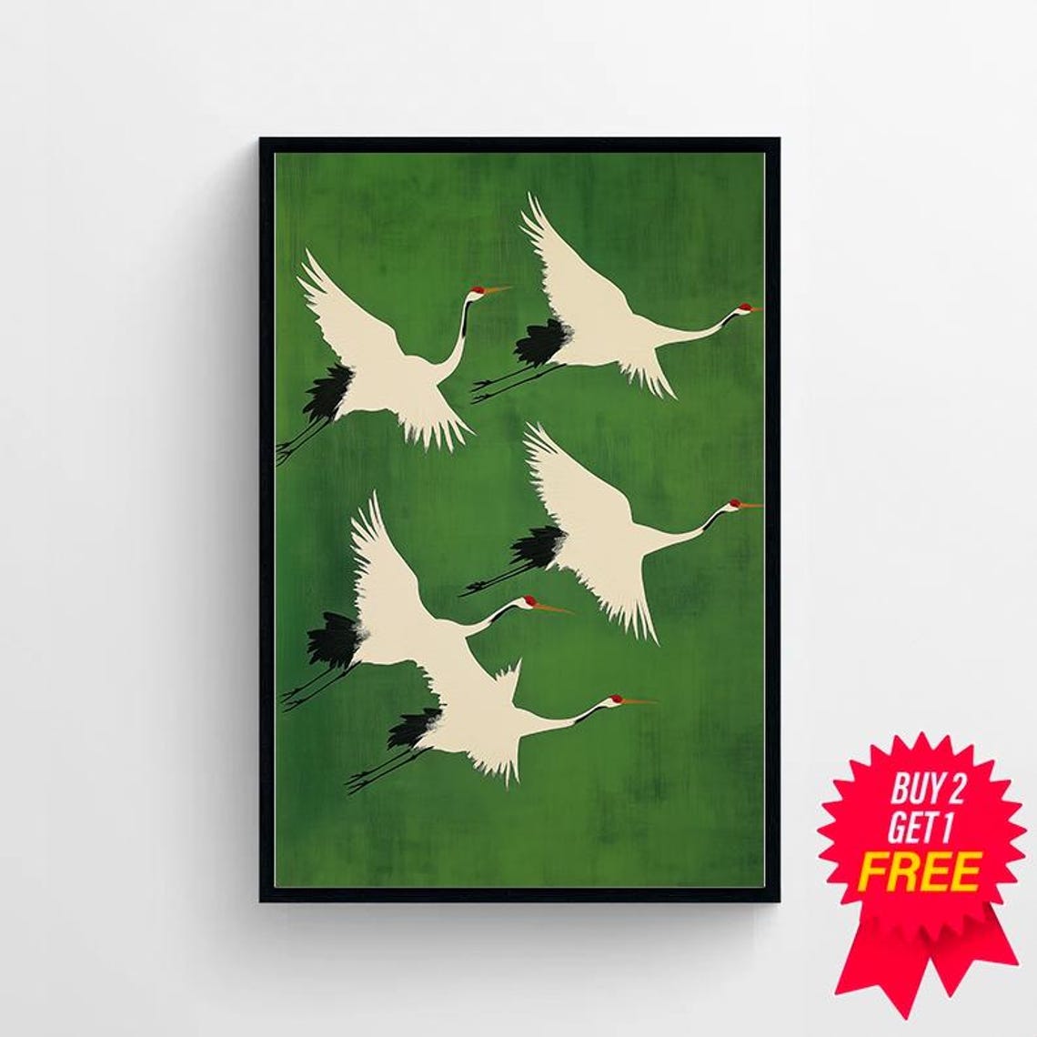 Four Japanese Red-Crowned Cranes in Flight on Emerald Poster - Image 4